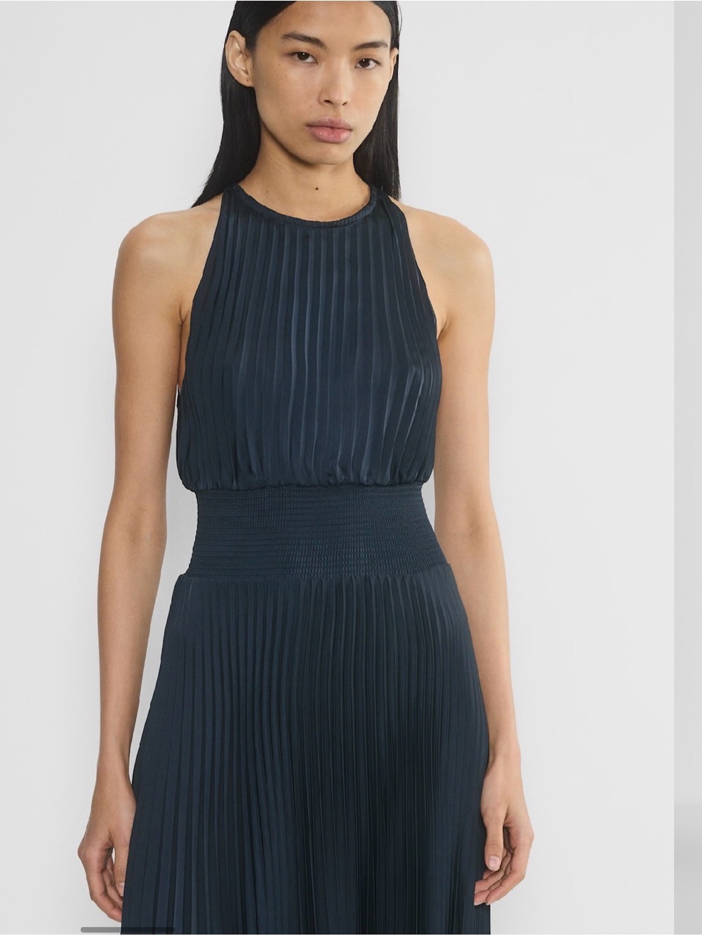 Aritzia Navy Pleated Halter Midi Dress